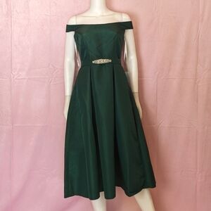 Jenny Packham Hunter Green Belted Pleated Satin Twill Bridesmaid Dress
